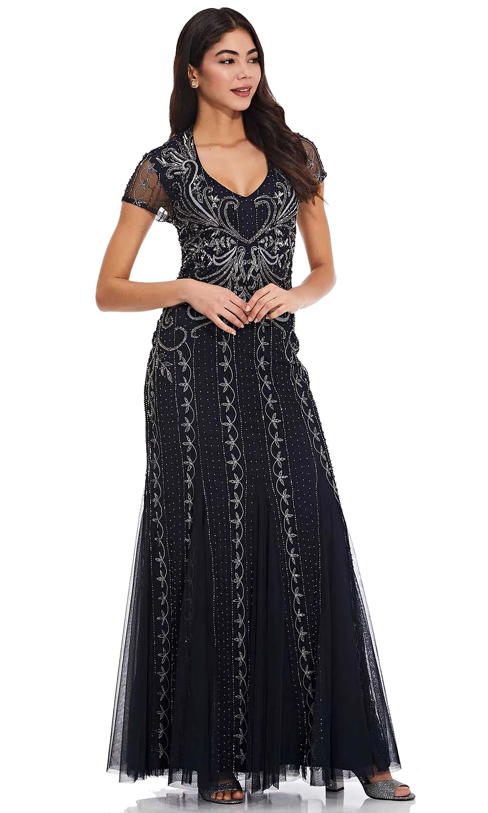 Adrianna Papell - AP1E207147 Short Sleeve V Neck Beaded Mesh Gown