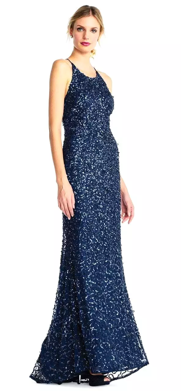 Adrianna Papell - Cross-Stringed Back Sequined Halter Gown AP1E202438 - 1 pc Deep Blue In Size 16 Available