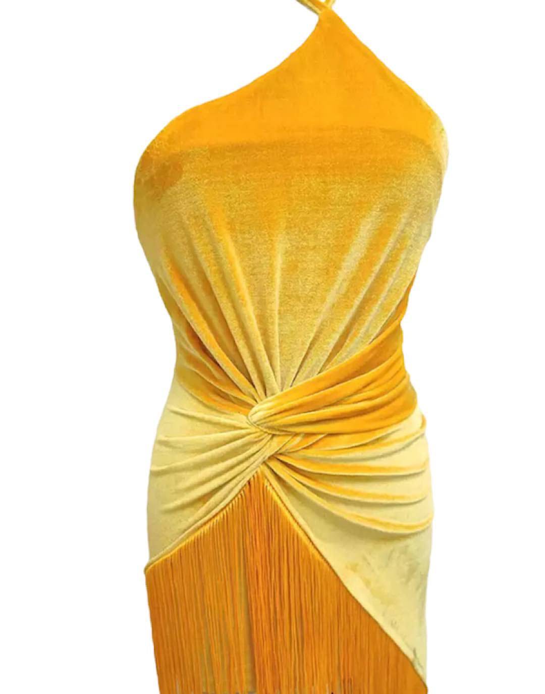 Asymmetrical Tassel Draped Velvet Dress In Yellow