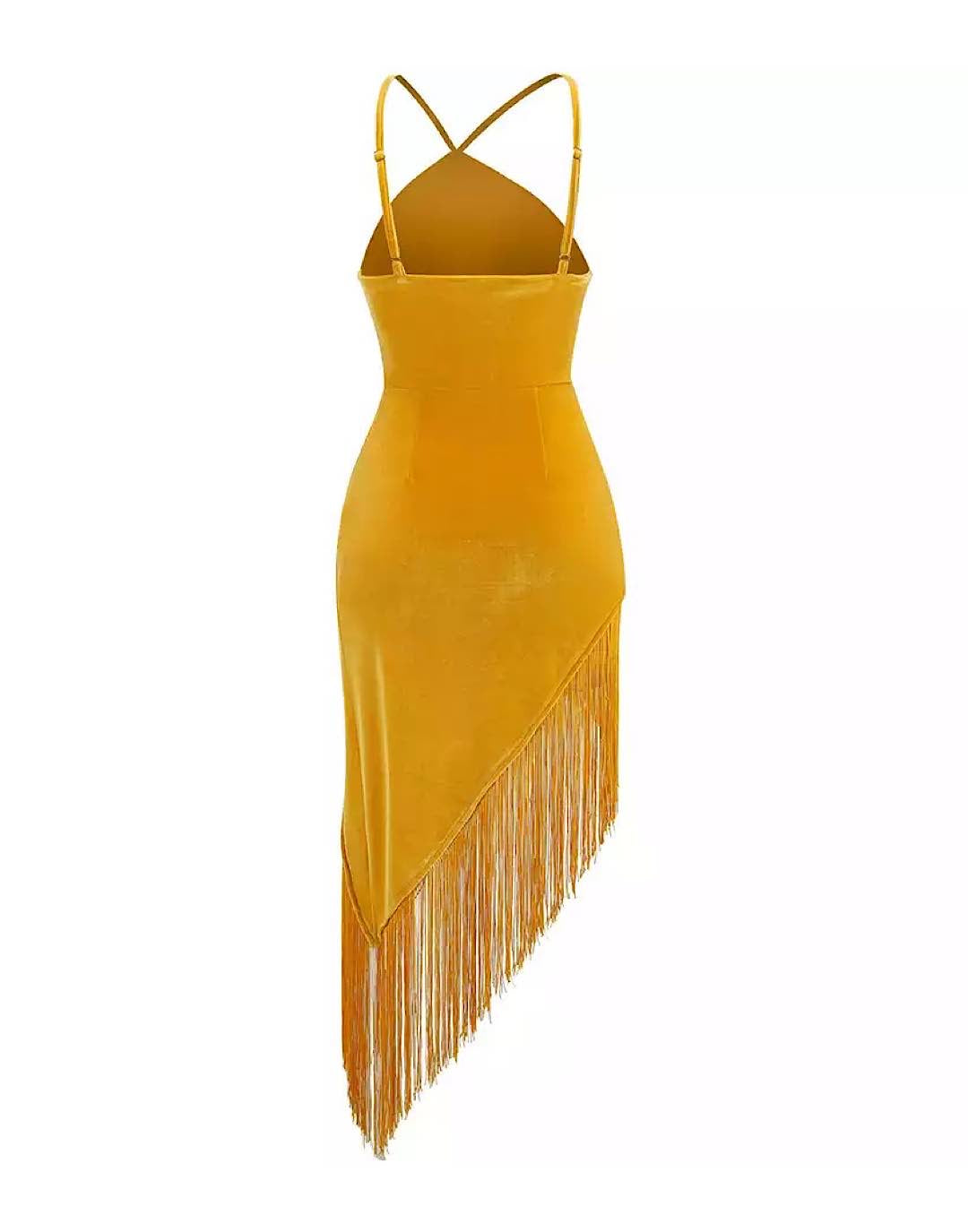 Asymmetrical Tassel Draped Velvet Dress In Yellow