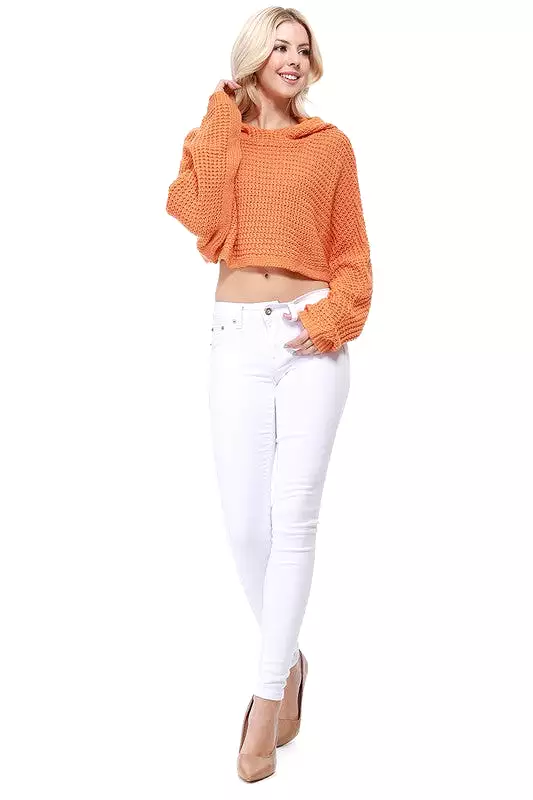 Bat Wing Sleeve Crop Waffle Knit Hoodie Top