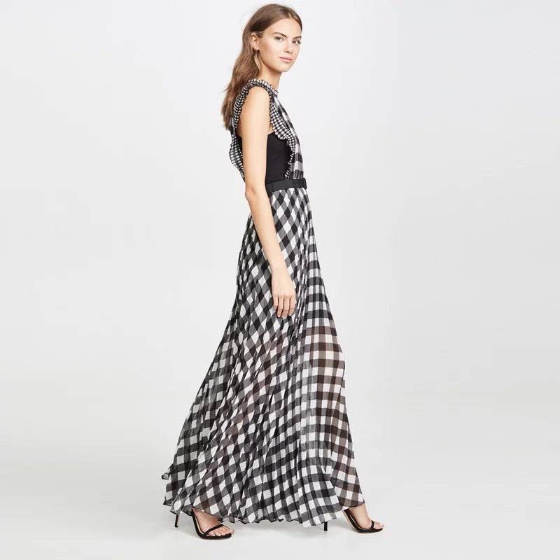 Black And White Plaid Sleeveless Long Dress