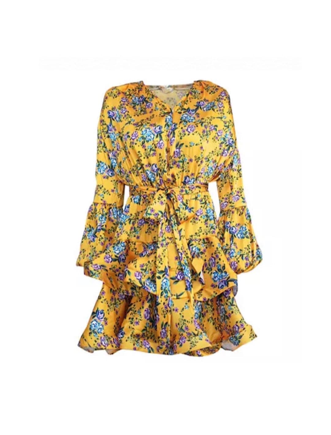 Blue Floral Print Yellow Short Dress