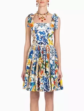 Blue Porcelain Print Bow Strapped Dress