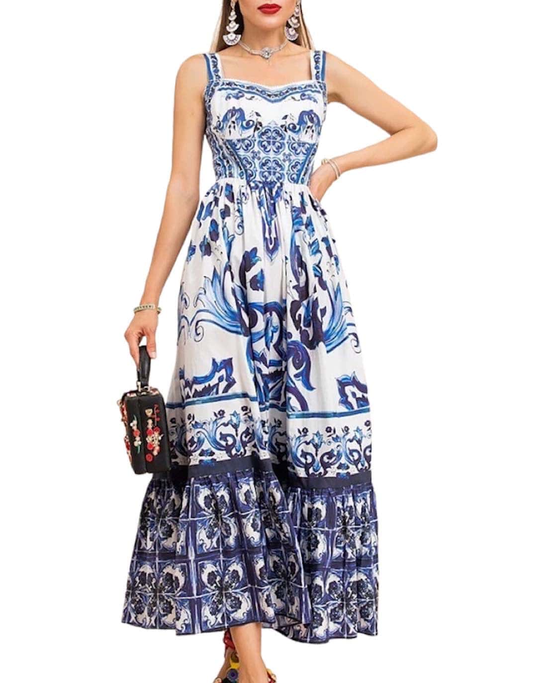 Blue Print Flowy Long Dress