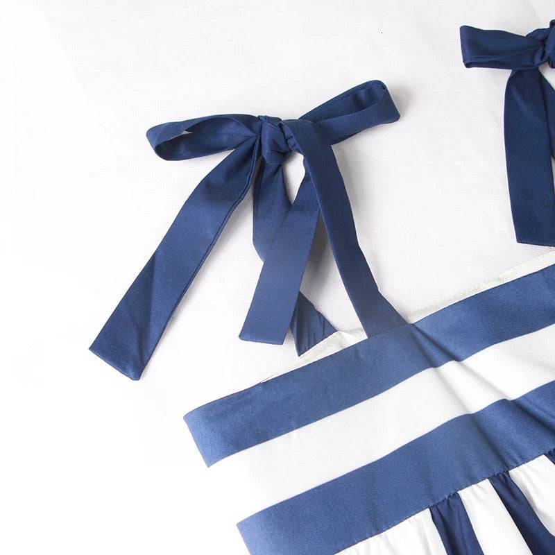 Blue Stripe Bow Strap Loose Dress