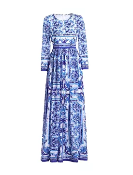 Blue White Porcelain Print Long Chiffon Dress