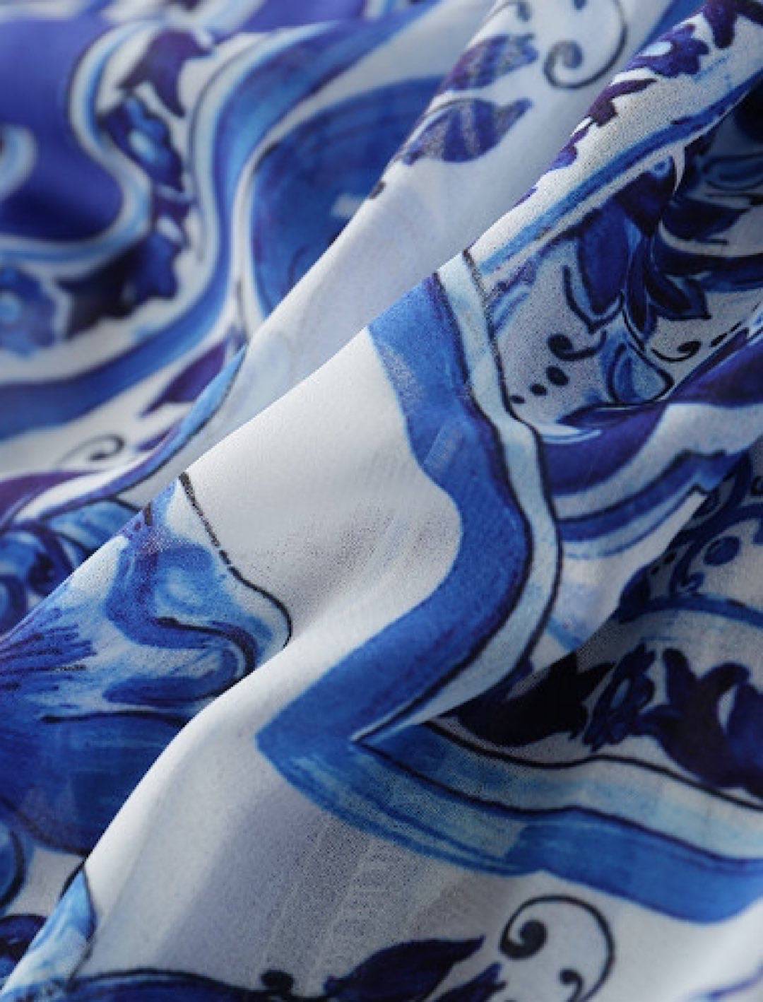 Blue White Porcelain Print Long Chiffon Dress