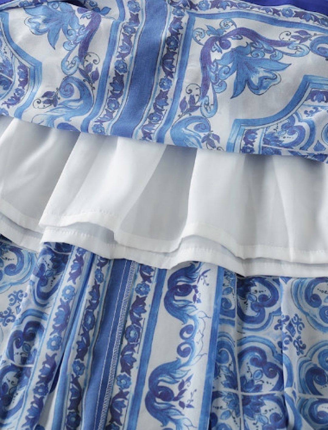 Blue White Porcelain Print Long Chiffon Dress