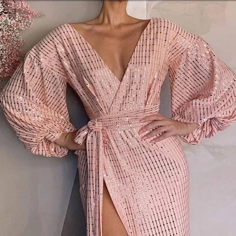 Blush Pink Lantern Sleeve Tie Waist Long Dress