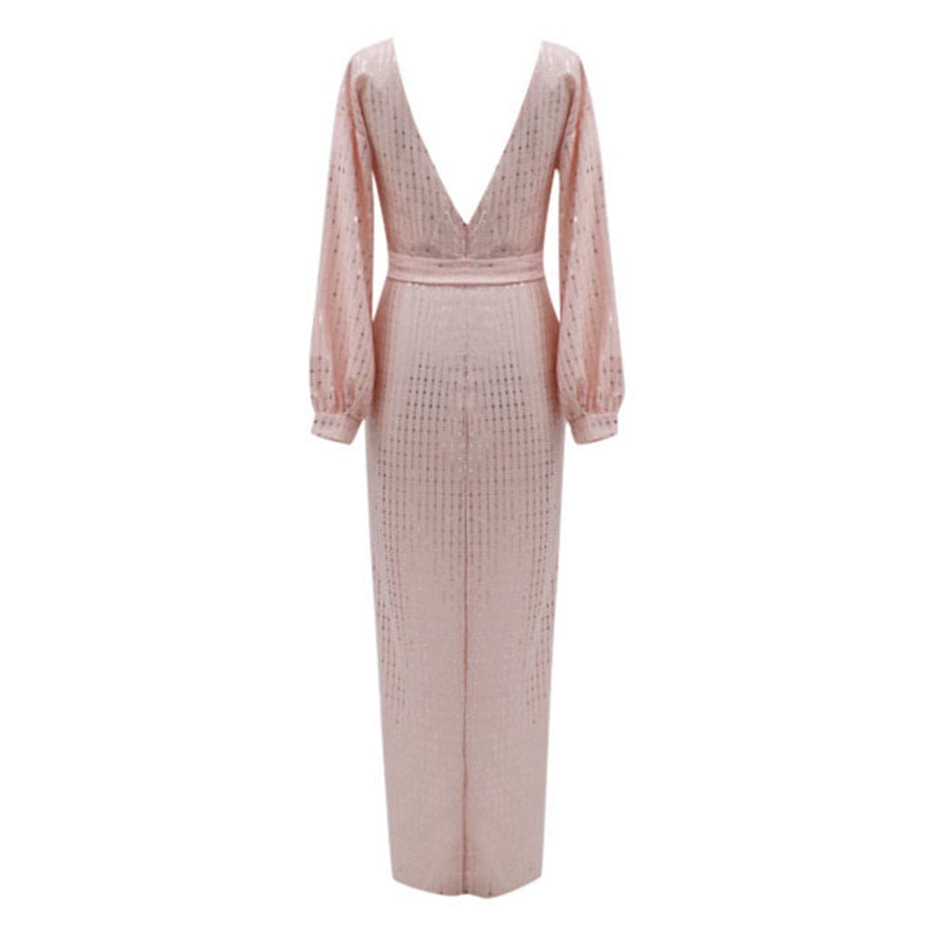 Blush Pink Lantern Sleeve Tie Waist Long Dress