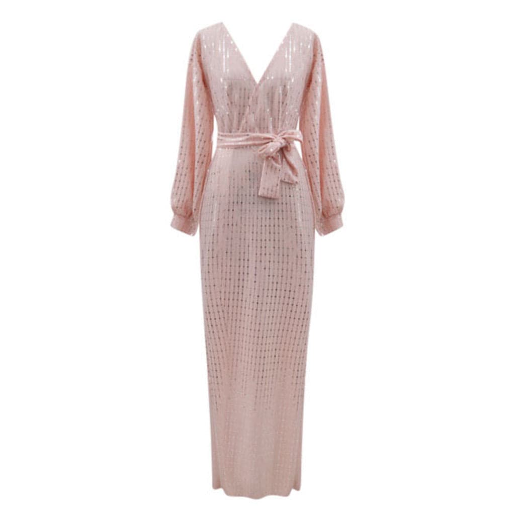 Blush Pink Lantern Sleeve Tie Waist Long Dress