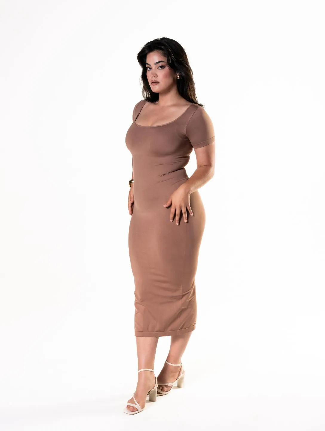 Bodycon Shapewear Midi Slit Dress with Short Sleeves