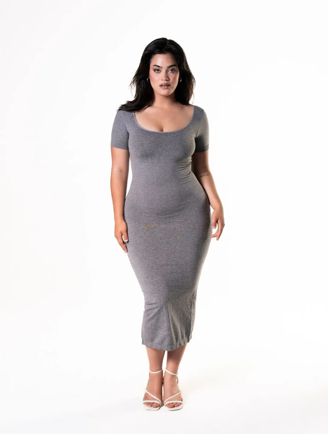 Bodycon Shapewear Midi Slit Dress with Short Sleeves