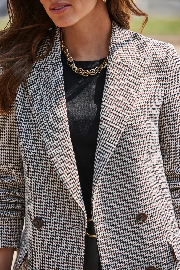 Brown Checked Double Breasted Blazer