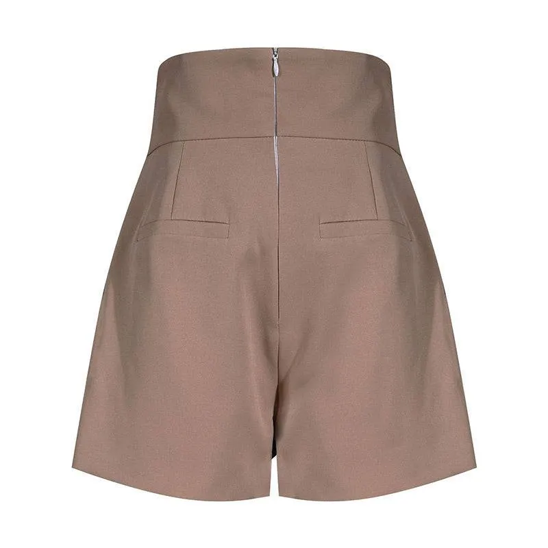 Brown High Waisted Ruched Gold Button Shorts