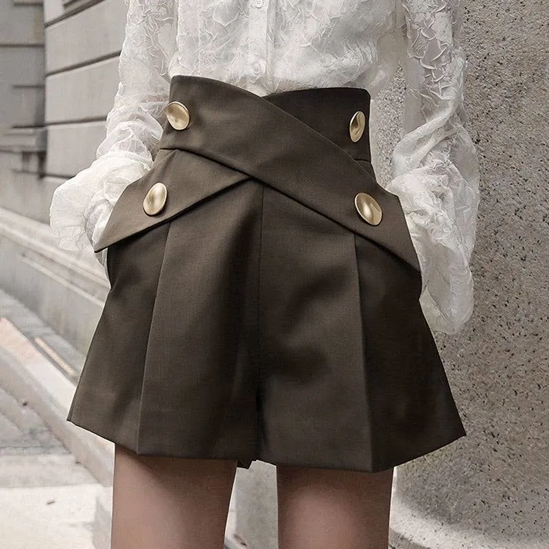 Brown High Waisted Ruched Gold Button Shorts