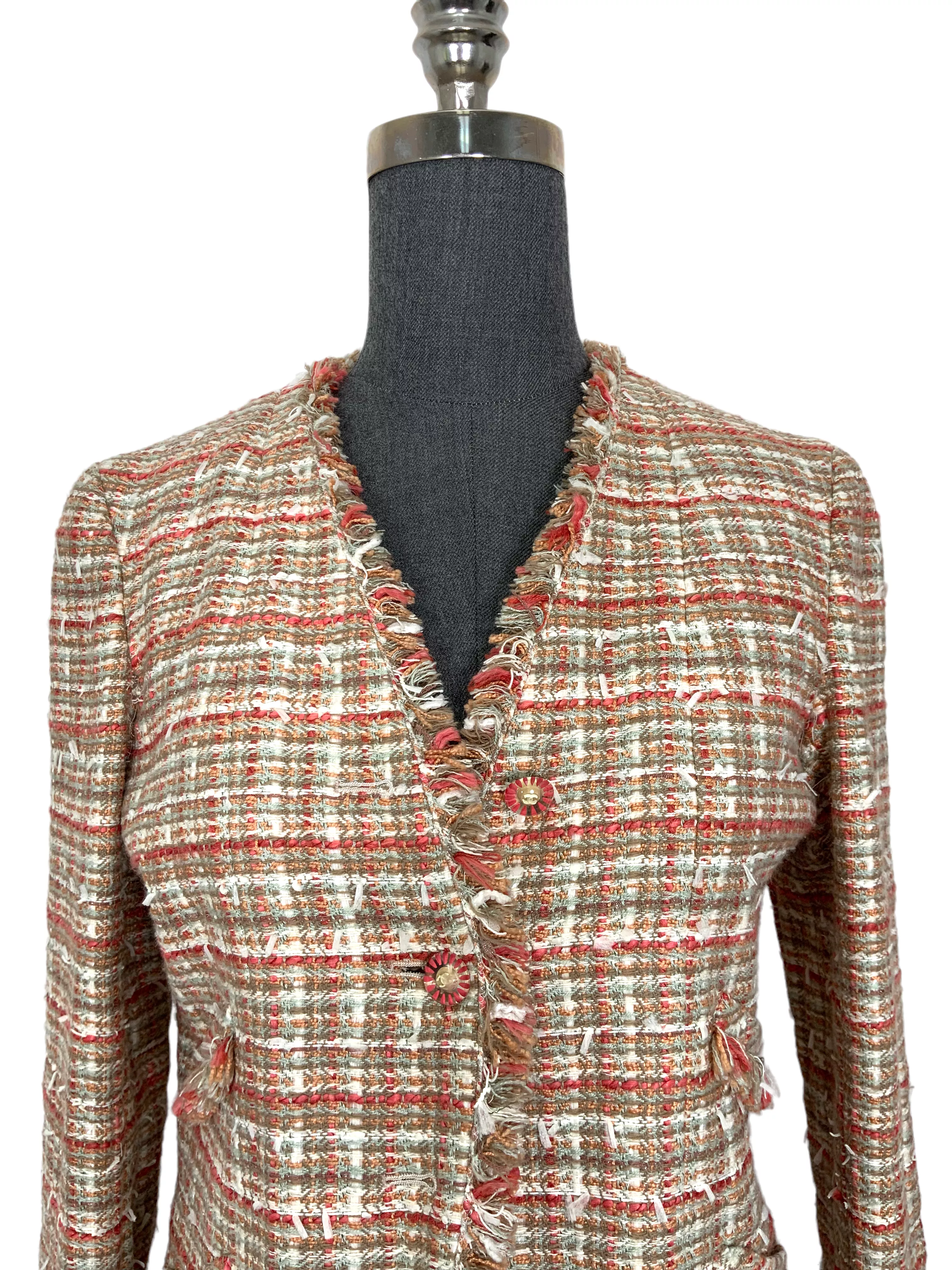 CHANEL 04P Plaid Tweed Skirt Suit Size S