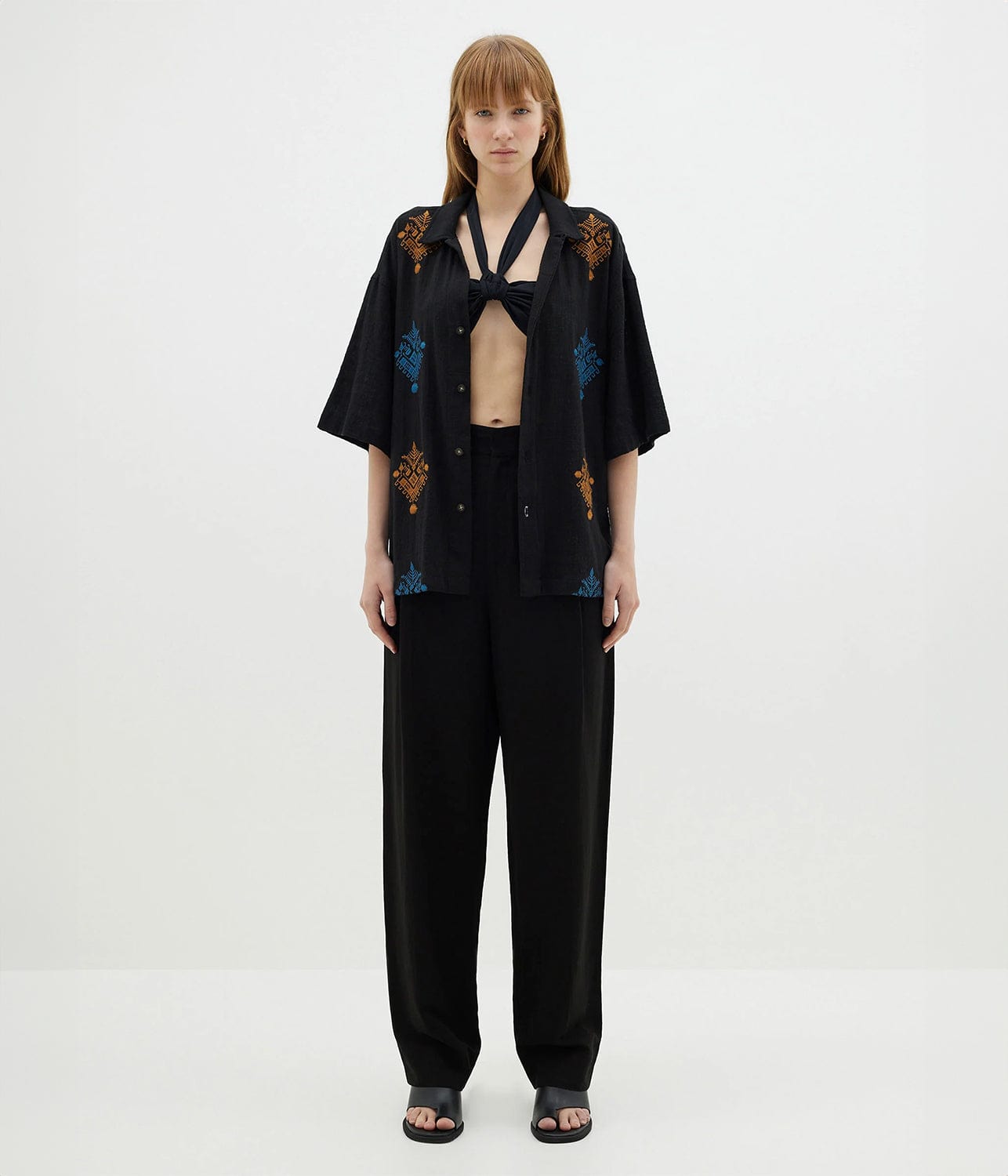 EMBROIDERED GAUZE SHIRT- BLACK