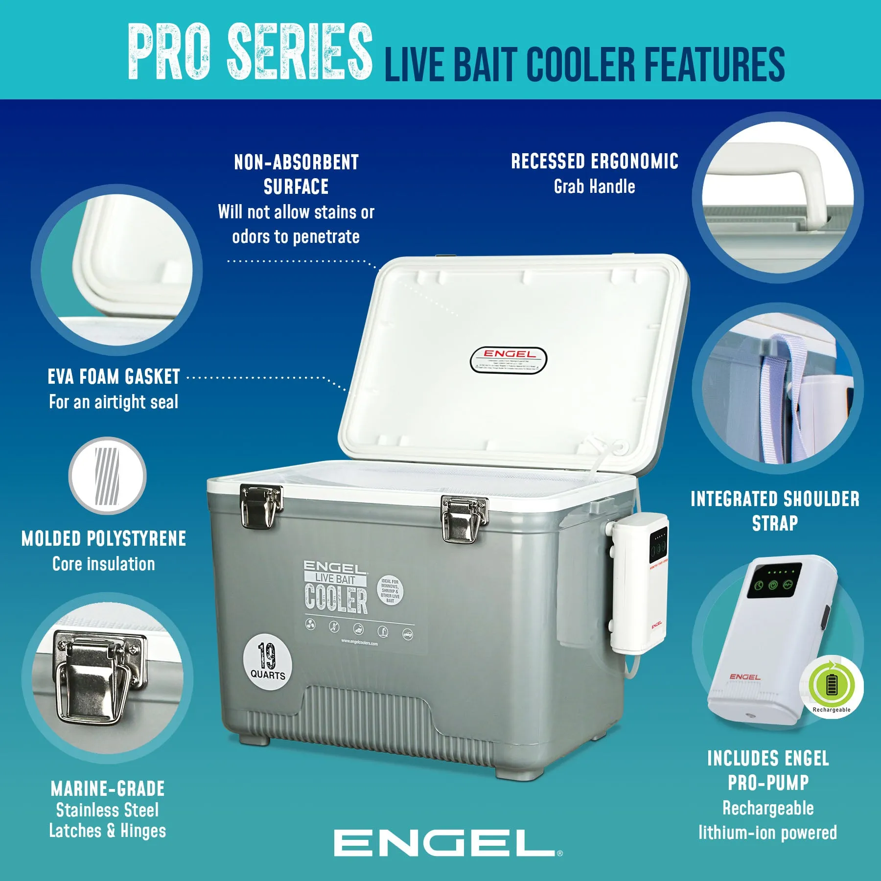 Engel 13Qt Live bait Pro Cooler with AP3 Rechargeable Aerator & Stainless Hardware