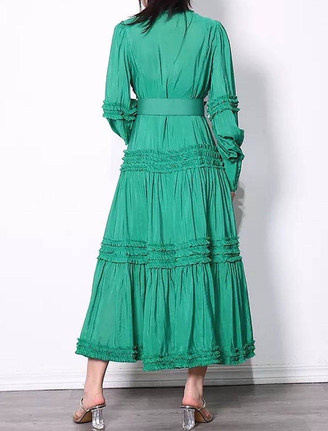 Frill Decorated Long Sleeve Belted Dress