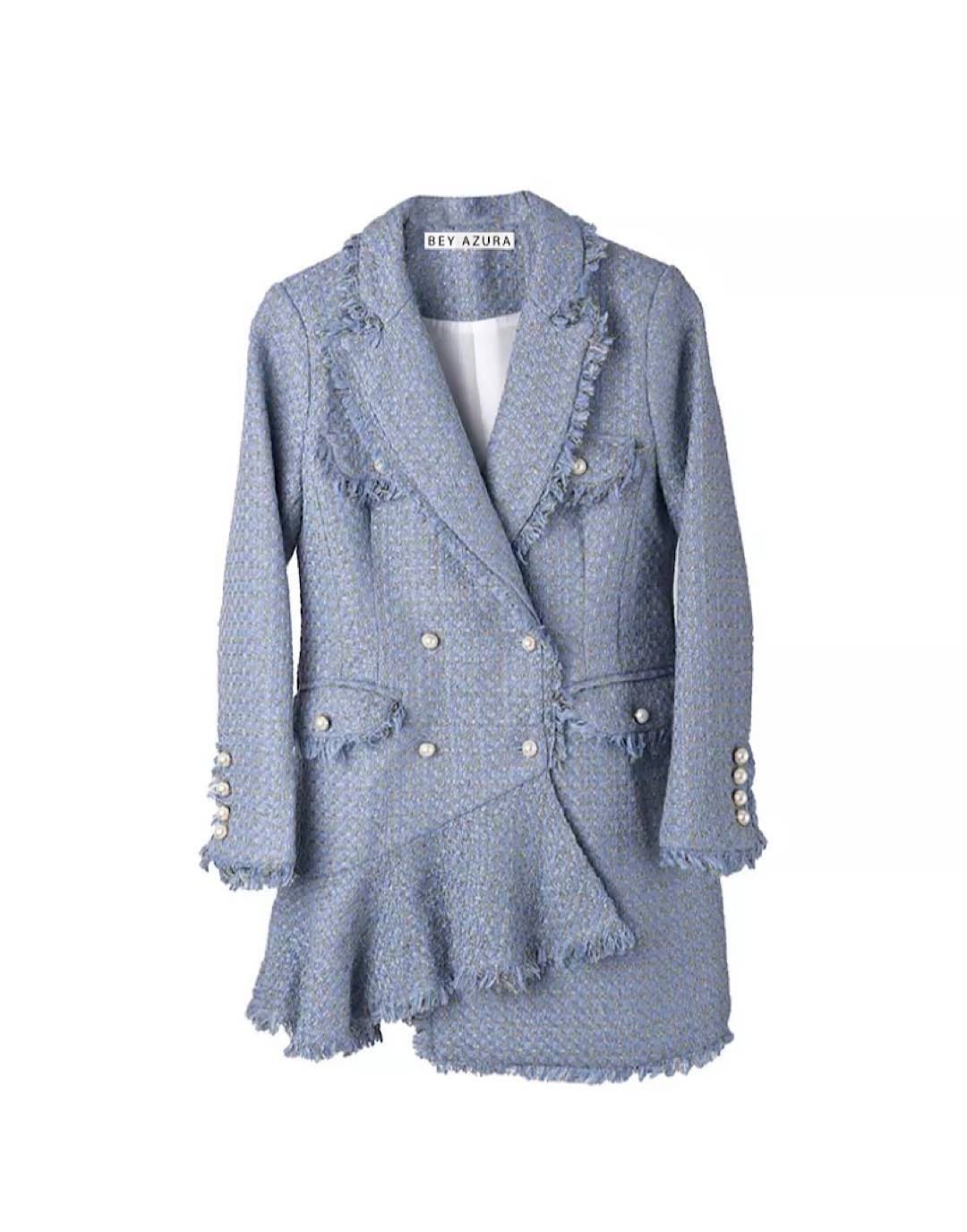 Fringe Edged Tweed Asymmetrical Flared Blazer Dress