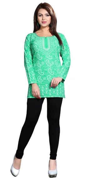 India Long Tunic Top Kurti Womens Printed Indian Apparel (Green)