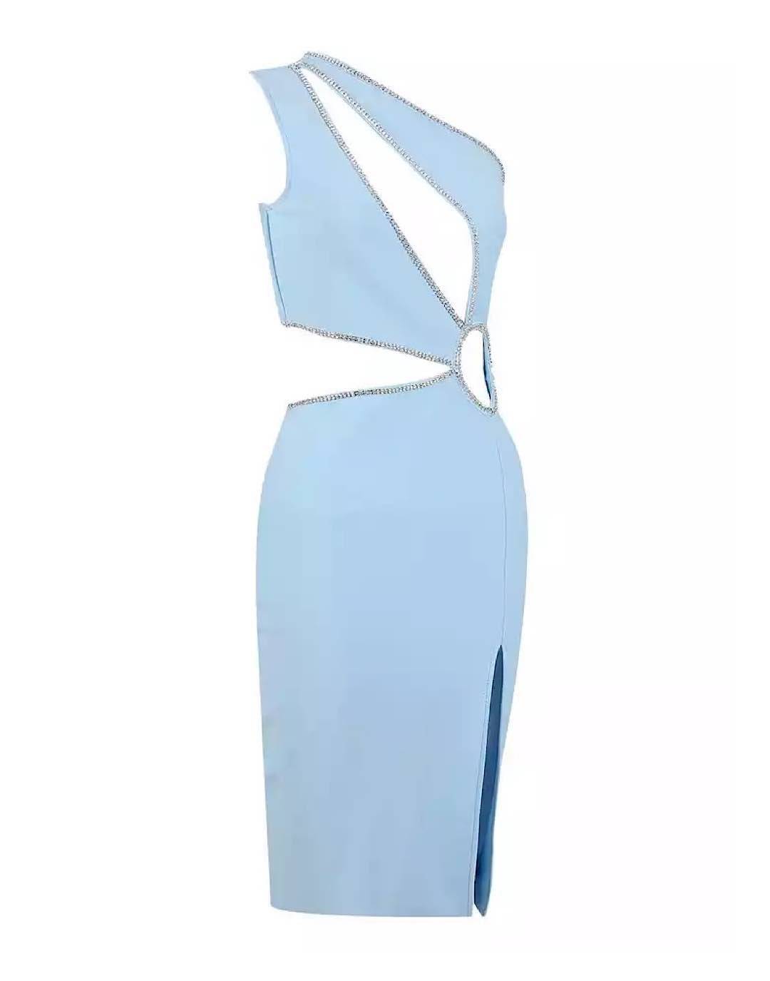 Light Blue Asymmetrical Cutout Crystallized Dress