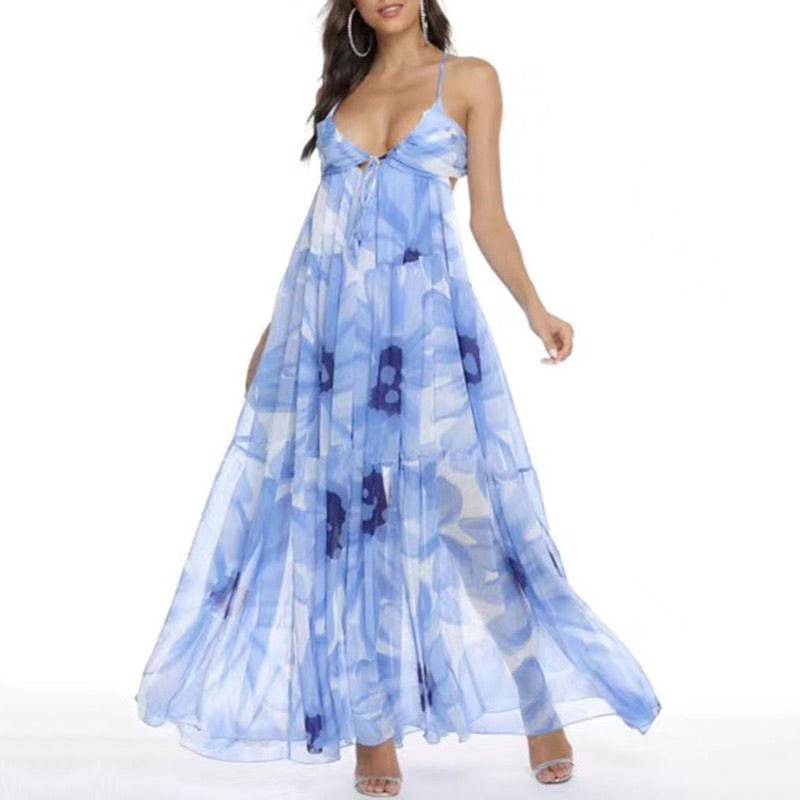 Light Blue Floral Print Backless Long Dress