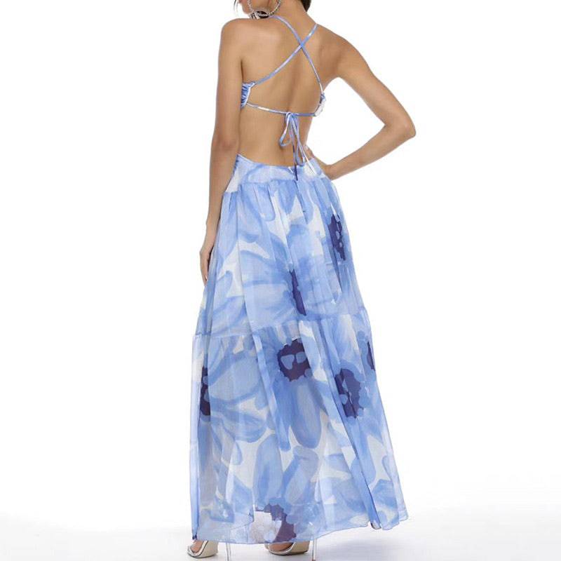 Light Blue Floral Print Backless Long Dress