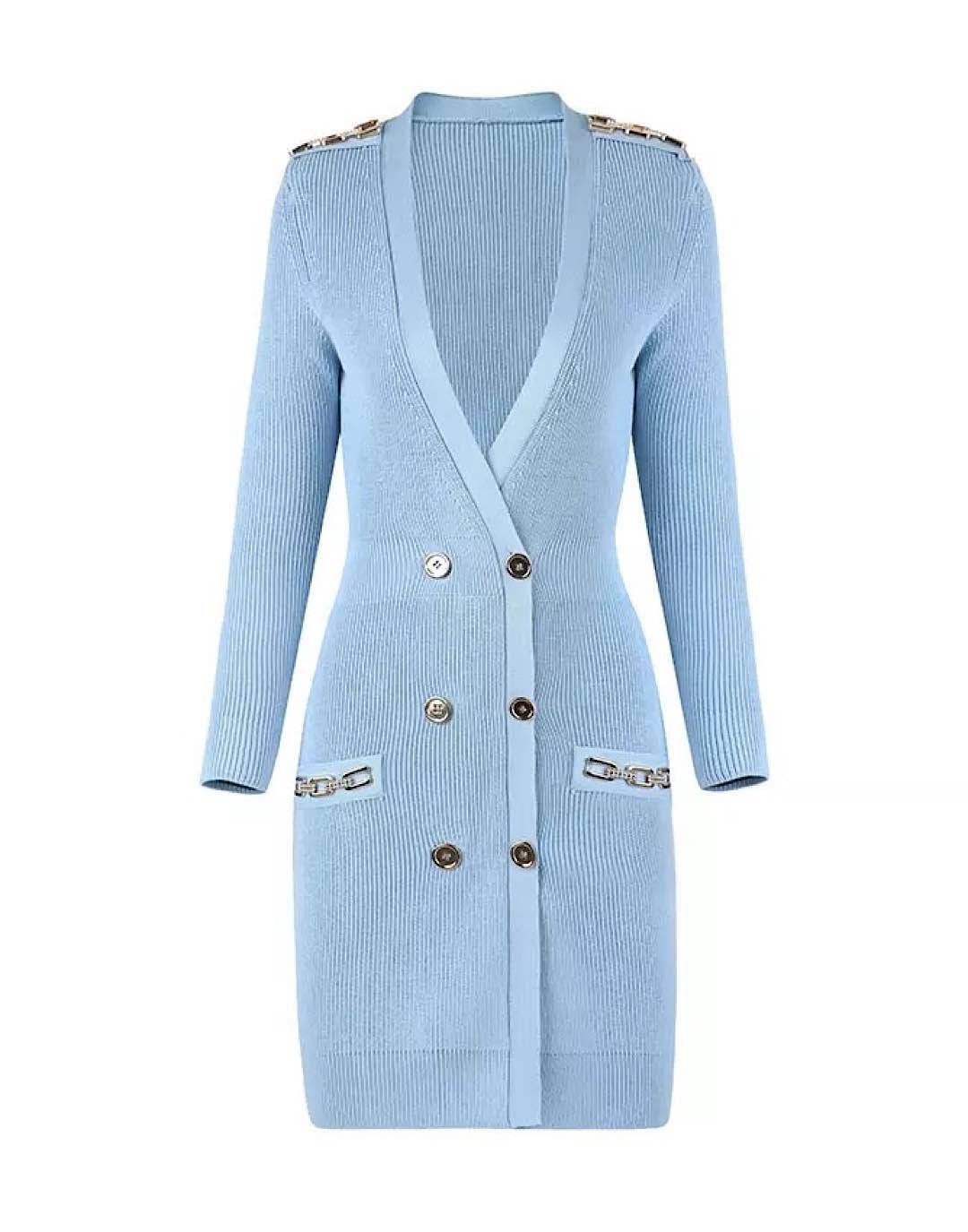 Light Blue Gold Button Chain Knitted Cardigan Dress