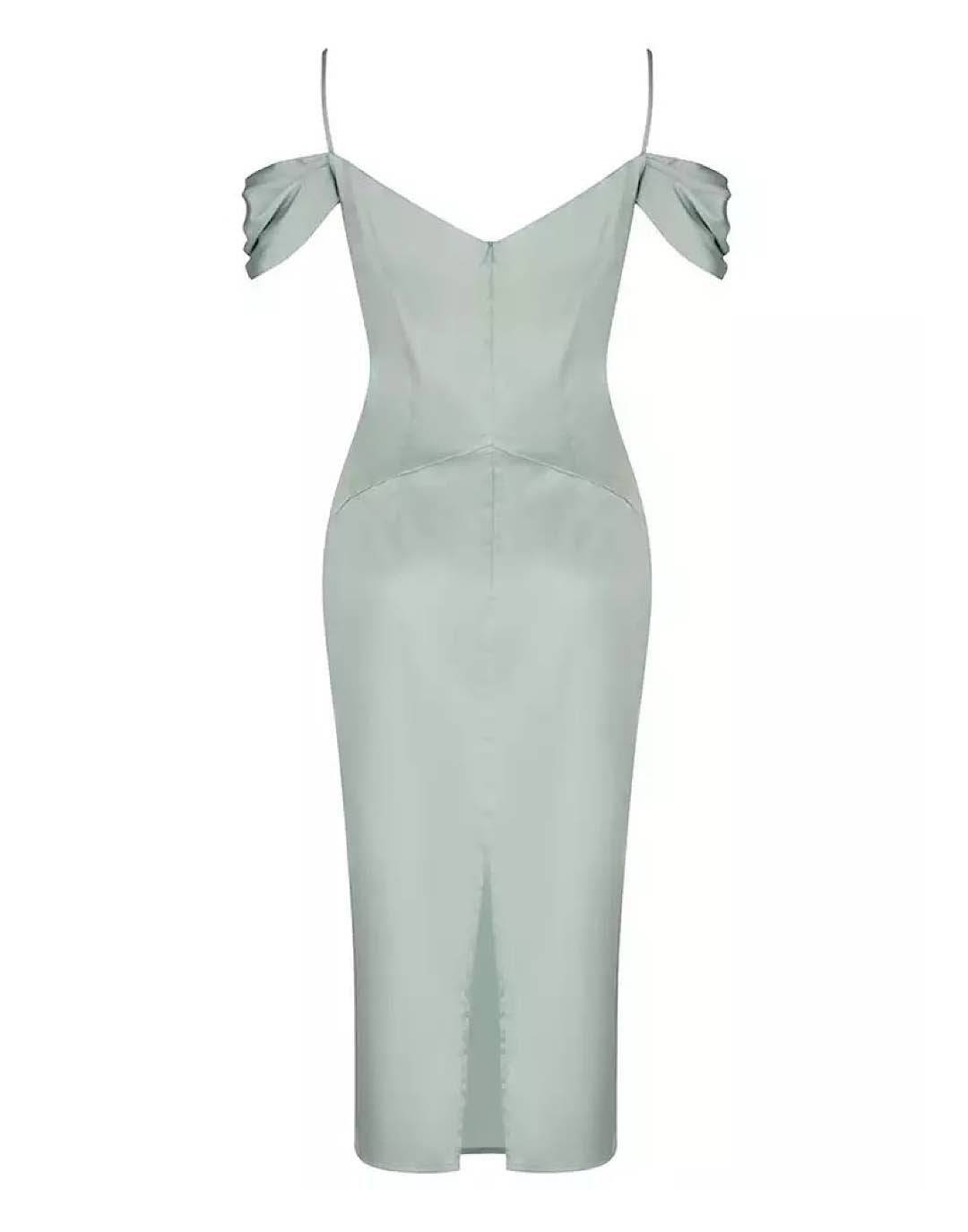 Light Green Cutout Draped Sleeve Satin Dress