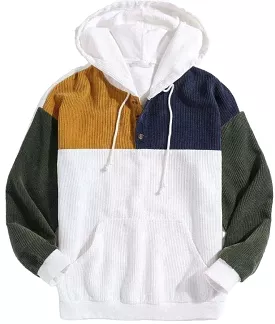 Mens Corduroy Patchwork Half Button Pouch Pocket Drawstring Hoodies S4096200