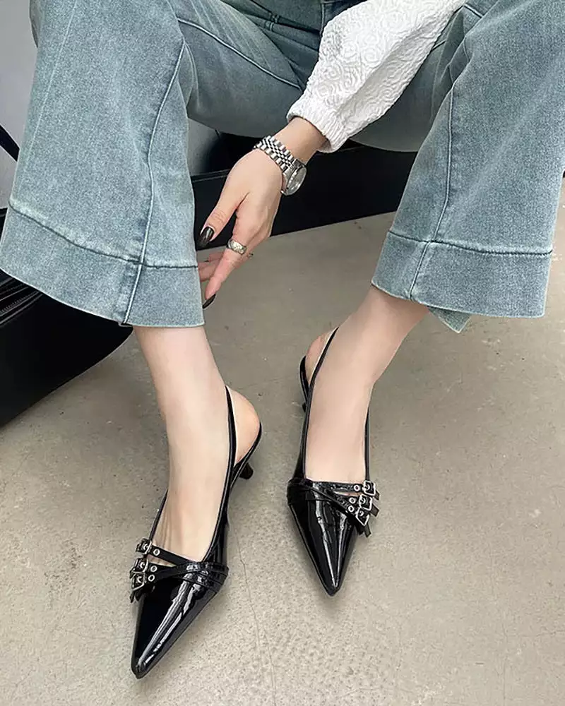 Metal Buckle Strap Patent Leather Kitten Heel Sandals