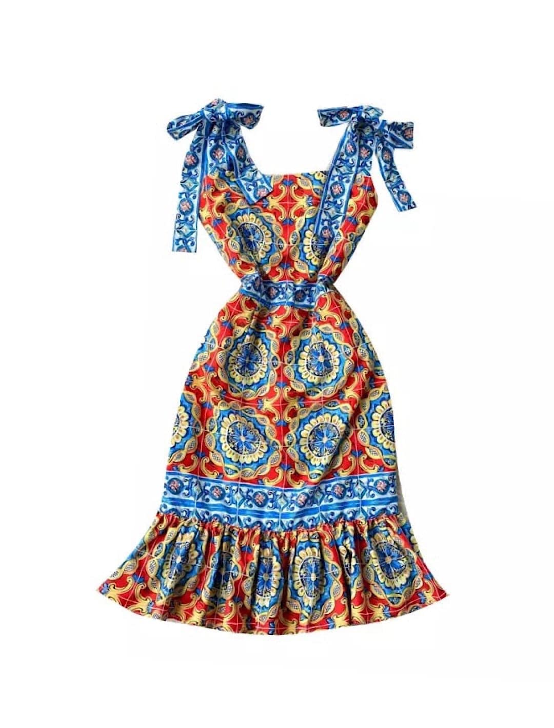 Multi Color Print Bow Strap Dress