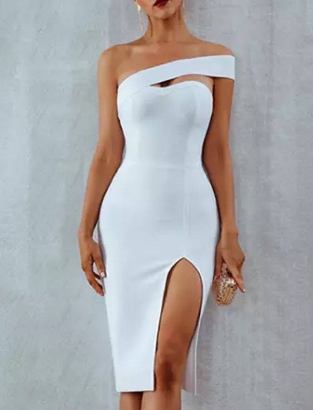 One Off The Shoulder Slit Bandage Dress