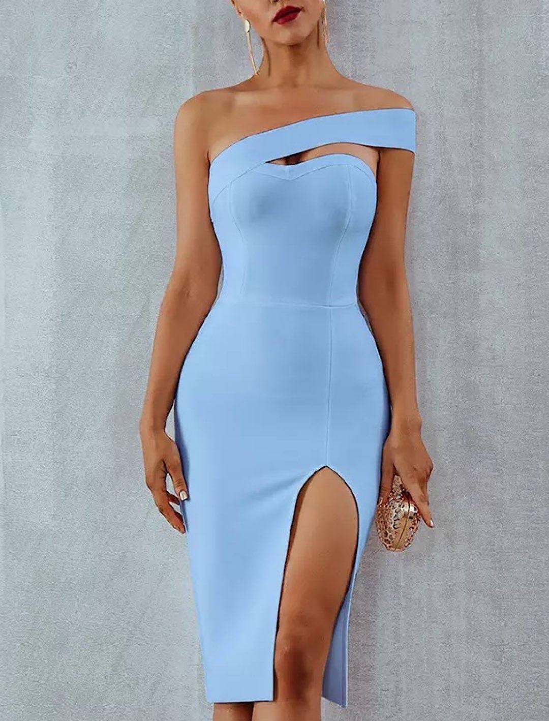 One Off The Shoulder Slit Bandage Dress