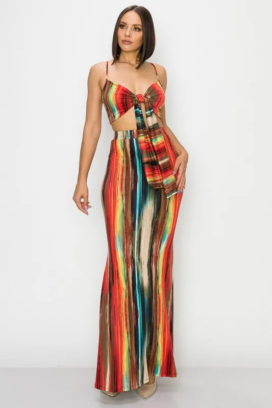 Painted Crop Top Front Tie & Matching Bell Maxi Skirt