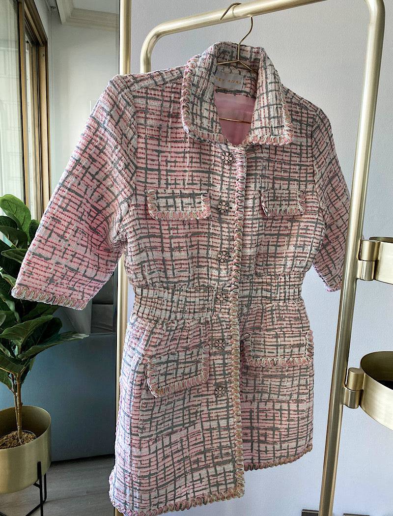 Pink Short Sleeve Tweed Short Dress