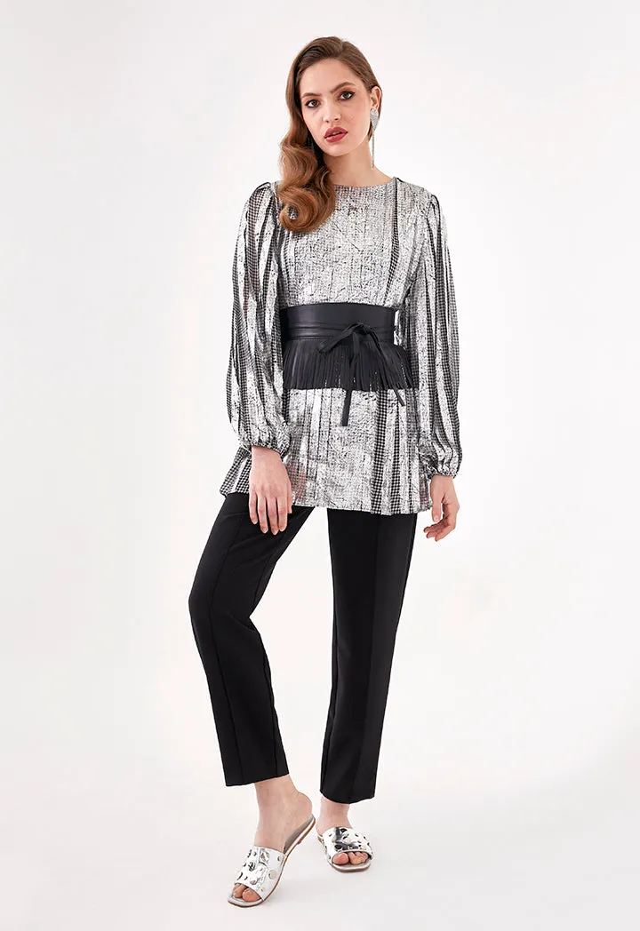 Plaid Metallic Pleated Blouse