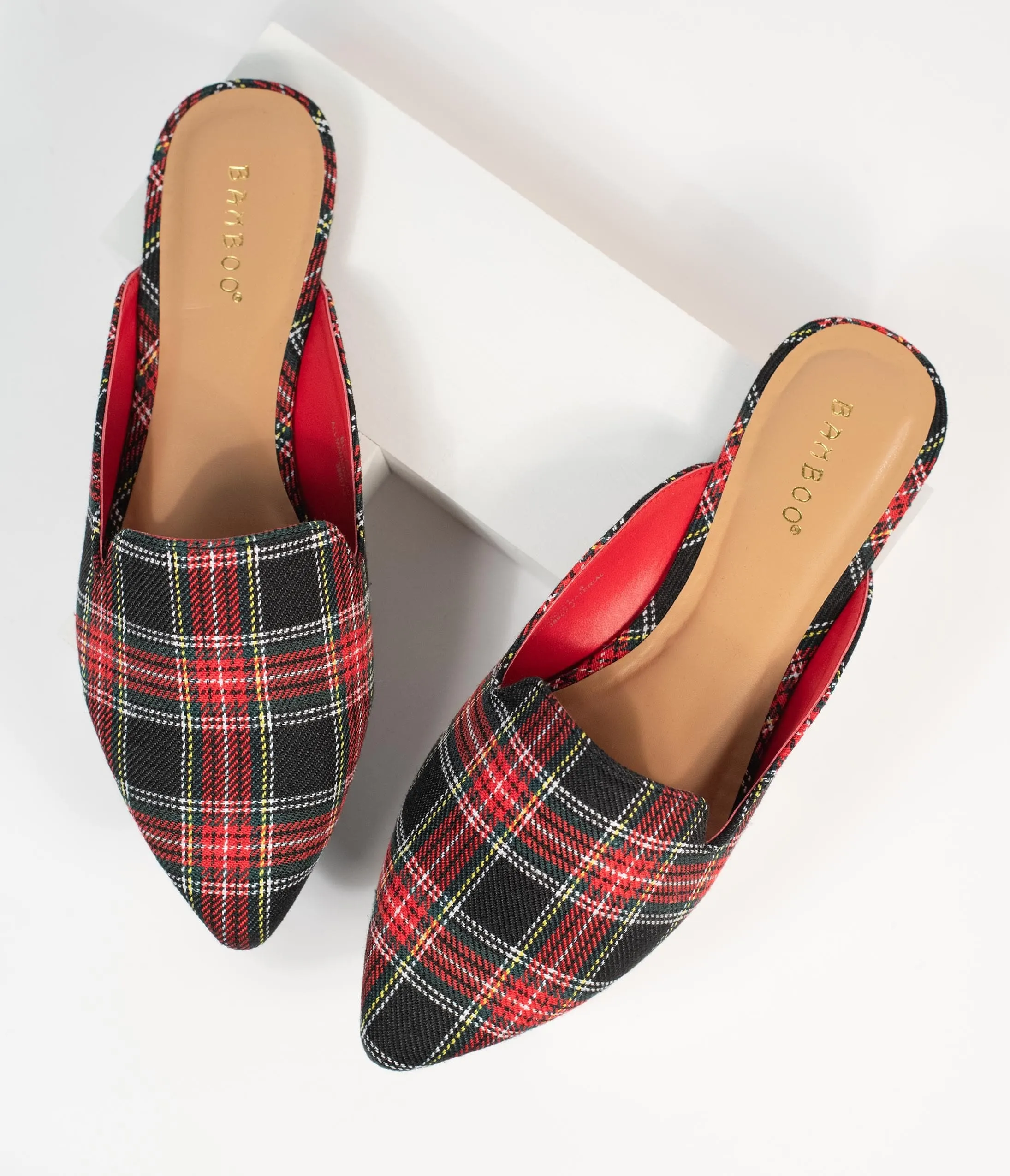 Red & Black Plaid Fabric Mules