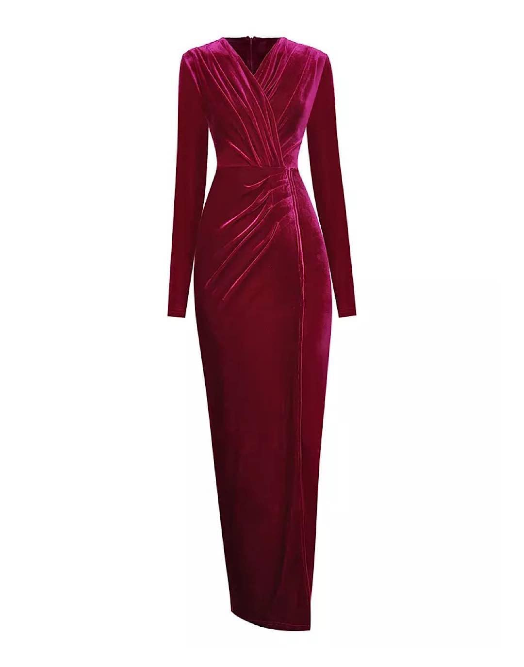 Red Velvet Ruched Long Dress