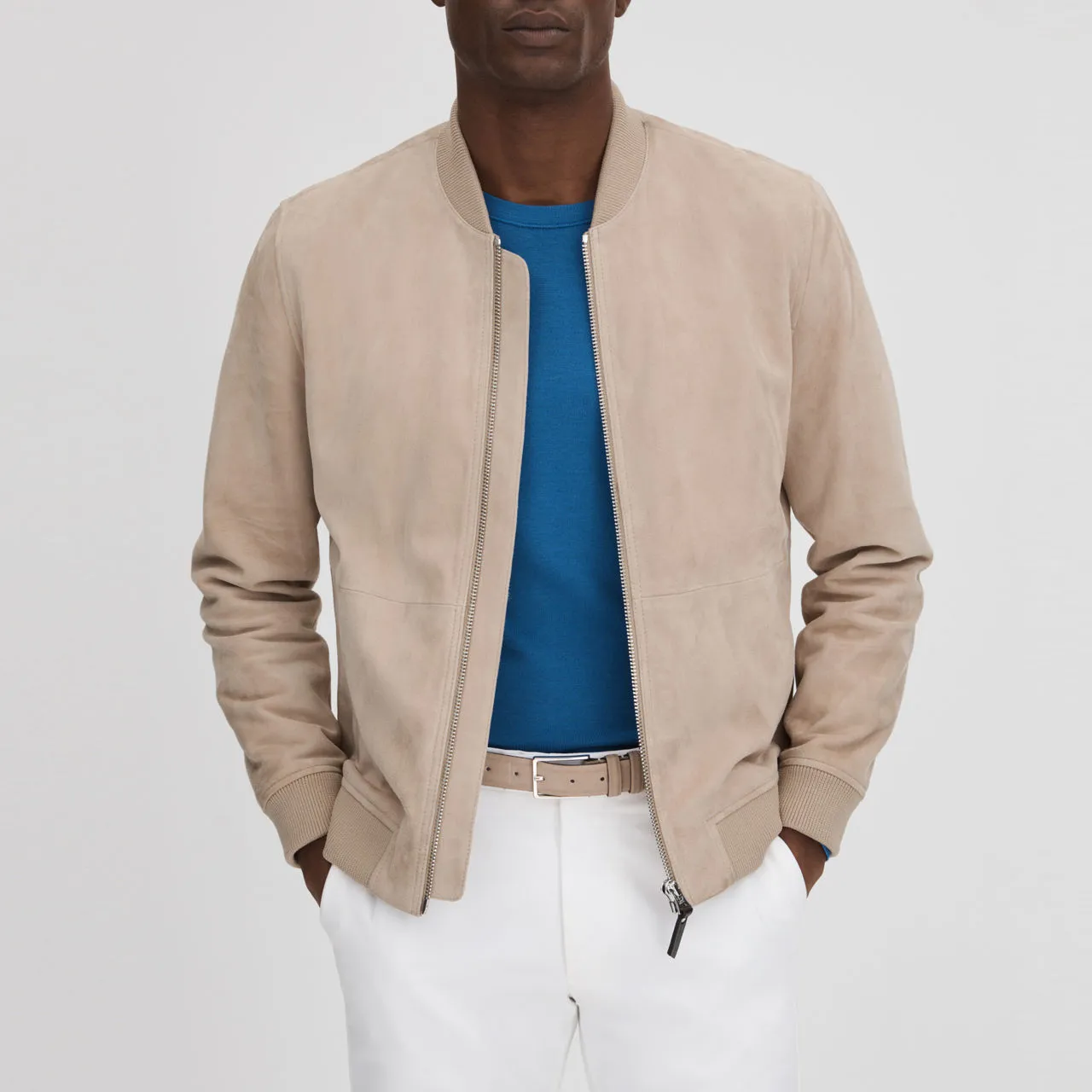 REISS Dilan Suede Bomber Jacket - Beige