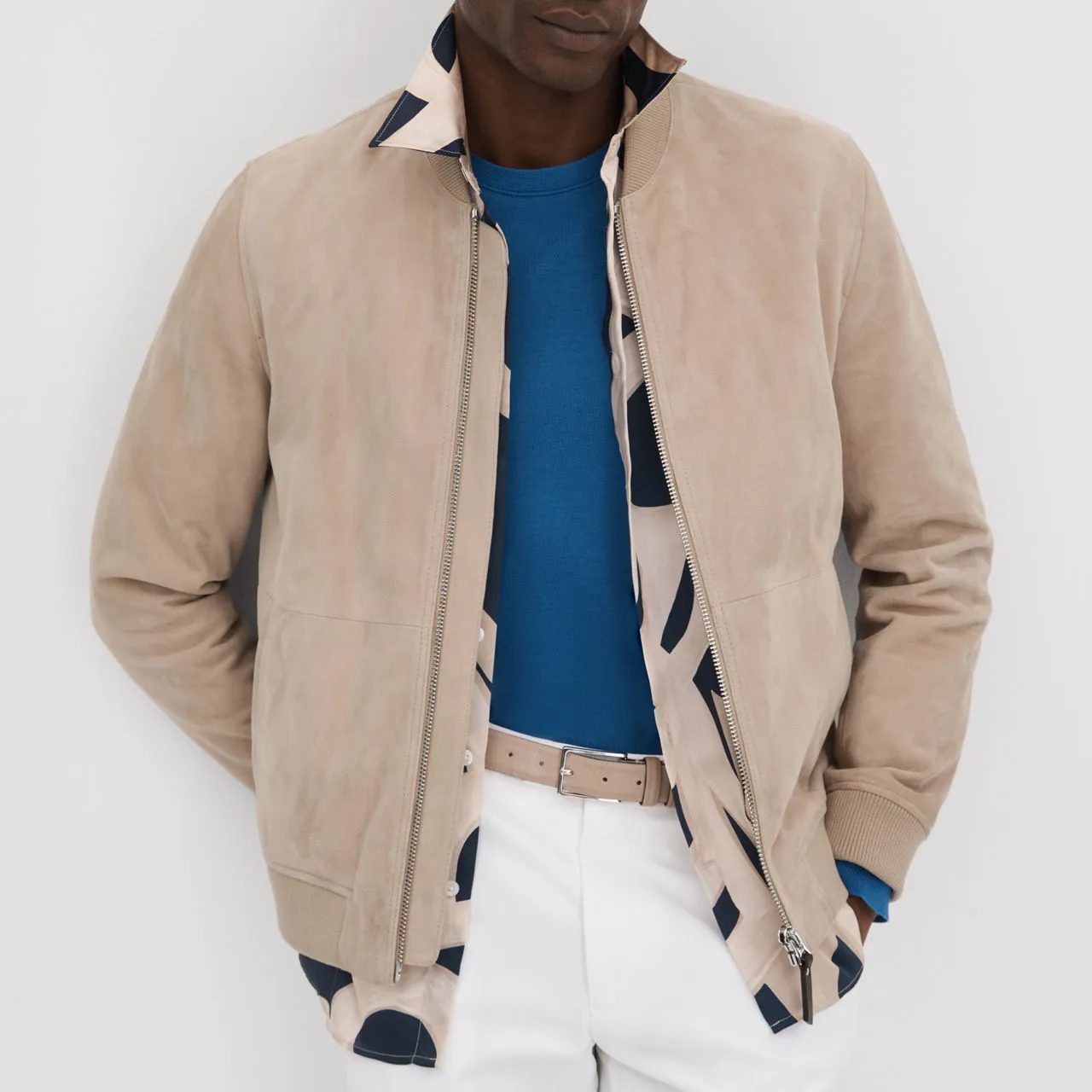 REISS Dilan Suede Bomber Jacket - Beige