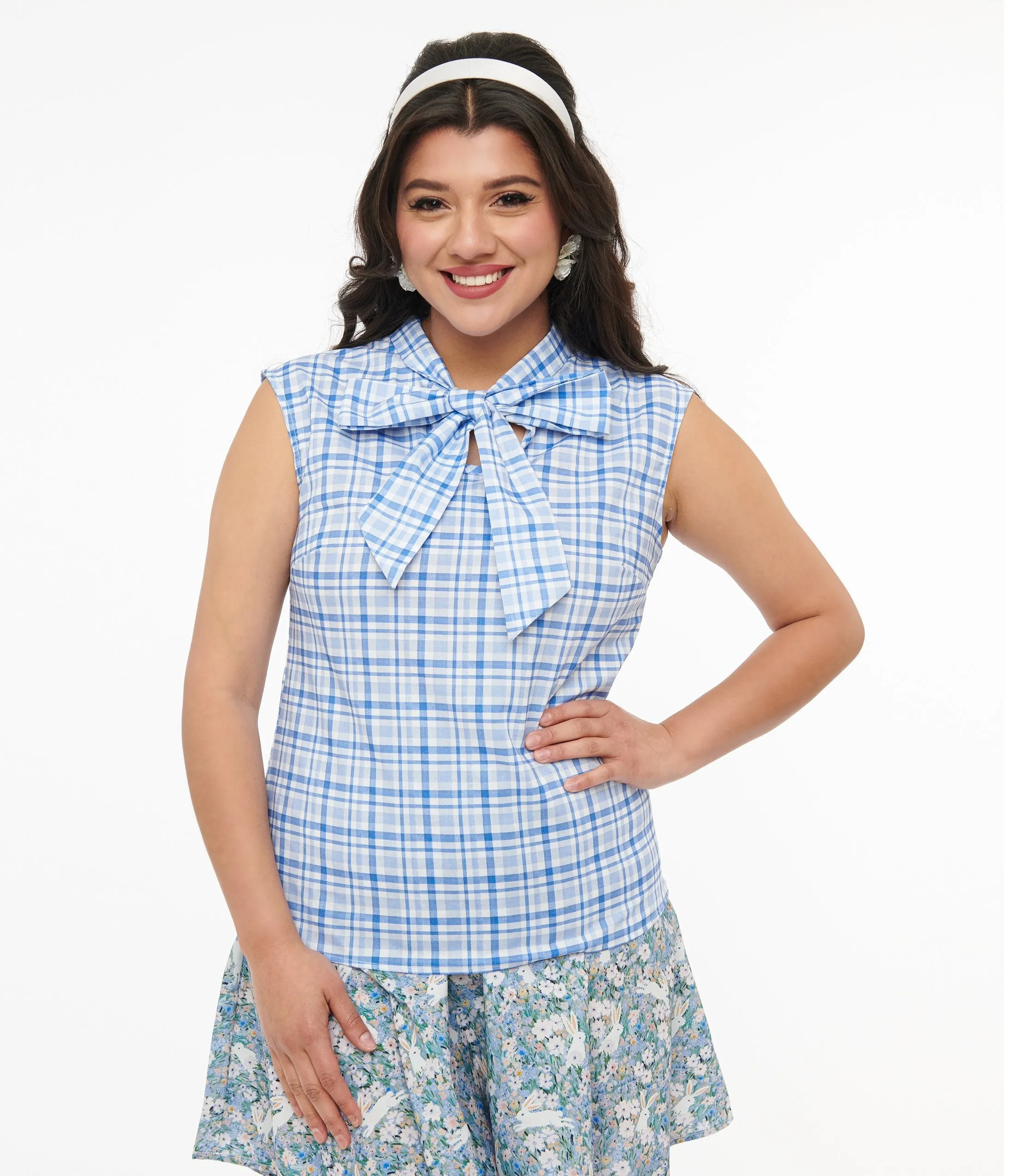 Retrolicious 1950s Blue Plaid Cotton Bow Top