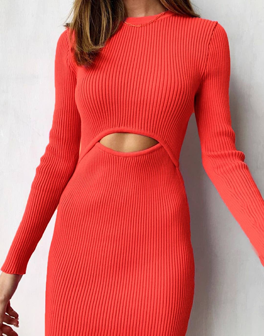 Ribbed Knit Midriff Cutout Dress