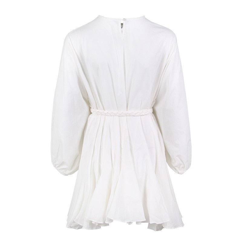 White Big Sleeve Robe Waist Tie Short Dress