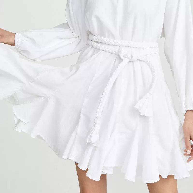 White Big Sleeve Robe Waist Tie Short Dress