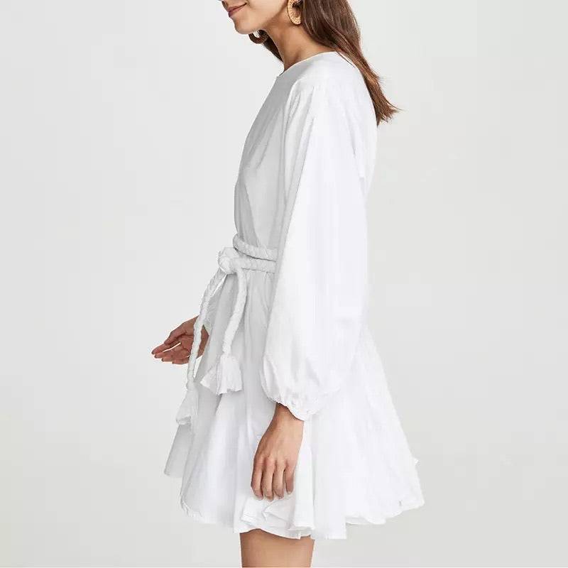 White Big Sleeve Robe Waist Tie Short Dress