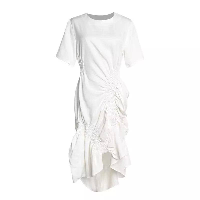 White Elastic Ruched Asymmetrical Dress